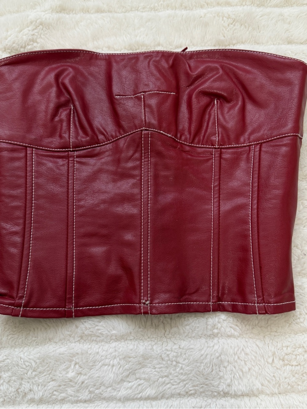Edikted Strapless Faux Leather Corset Crop Top in Deep Red